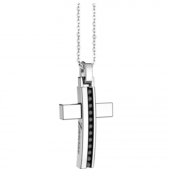Collana Zancan i argento con croce e zirconi neri in verticale