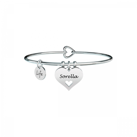 Kidult steel bracelet with double heart pendant with sister engraved