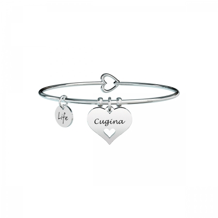 Kidult steel bracelet with double heart pendant engraved with cousin