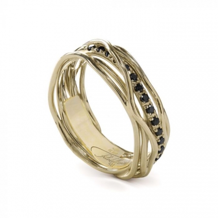 7-thread yellow gold classic Filo della Vita ring with black diamonds