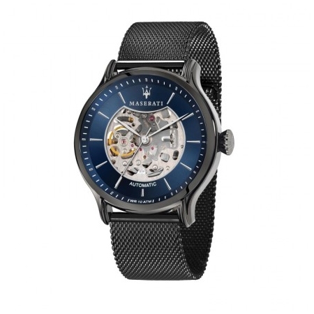 Automatic Maserati Epoca watch with burnished Milanese mesh strap and blue dial.