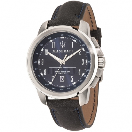 Maserati Successo Men's Watch with Blue Leather Strap and Blue Dial