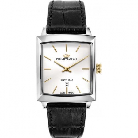 Philip Watch Newport men's watch with black leather strap and square case