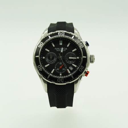 Nautica watch with black rubber strap and steel case