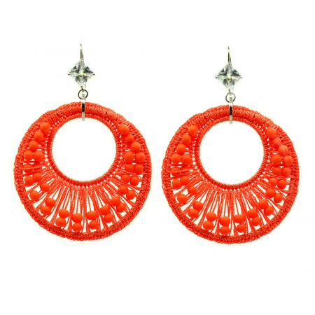 Round fluorescent orange Ottaviani earrings with woven fabric and beads