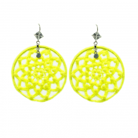 Fluorescent yellow Ottaviani earrings circular pendants with fabric and beads