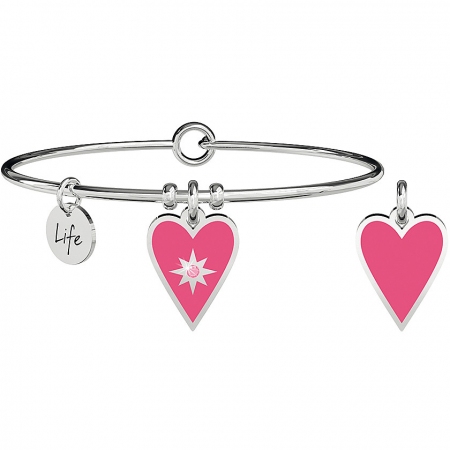 Kidult steel bracelet with pink enamelled heart pendant