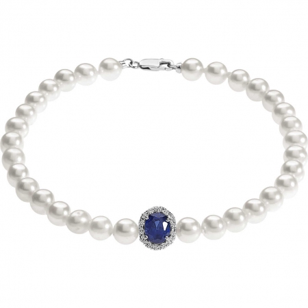 Ambrosia bracelet of white pearls with blue zircon center