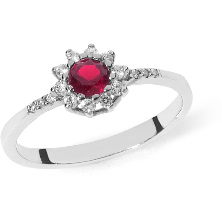 Ambrosia ring in white gold with flower with central red zircon