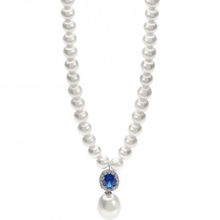 Collana di perle Ambrosia con pendente zirconi bianchi e centrale blu