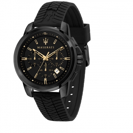 Maserati Successo watch with black rubber strap with gold color details