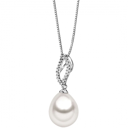 Comete necklace with pendant pearl and diamond leaf