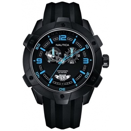 Watch Nautica Chronograph Black Silicone Strap Indexes Blue