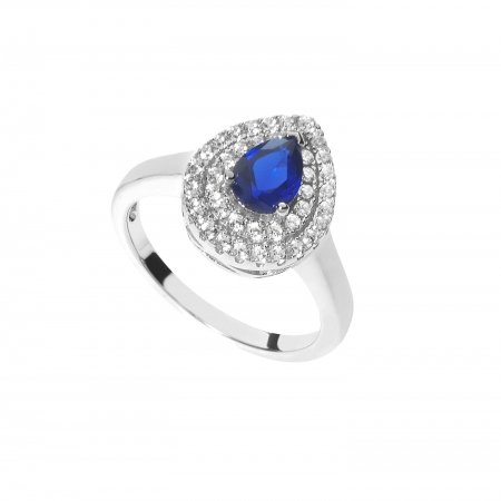 Ambrosia silver drop ring with blue stone and white zircons