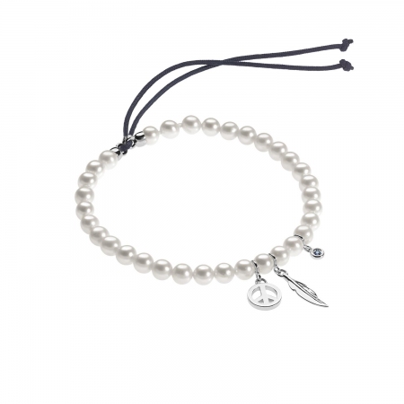 Ambrosia pearl bracelet with feather charm and symbol of peace