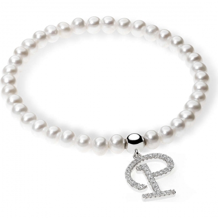 Ambrosia pearl bracelet with p letter pendant with zircons