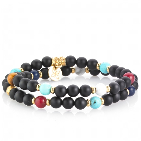 Gerba double round bracelet in silver onyx, tiger's eye agate and aulite