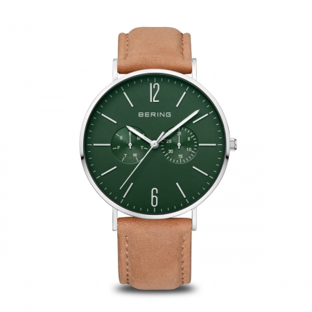 Bering watch with camel strap and green dial