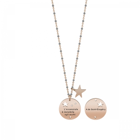 Steel Kidult necklace with enamel and crystals and round medal with phrase