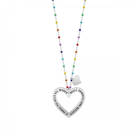 Necklace kidult with colored balls with hanging heart (the most beautiful words in the world in the hugs are hidden)
