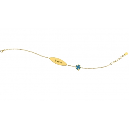 Bracciale Nanàn in oro 9 kt con piastrina centrale e quadrifoglio smaltato azzurro