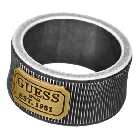 Men's guess steel band ring with logo plate
