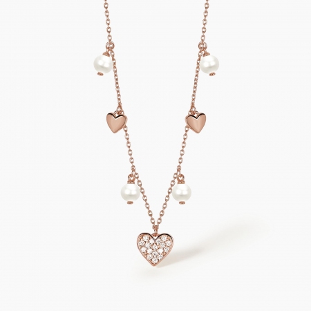 Collana Mabina in argento rosè con perle e cuore con zirconi