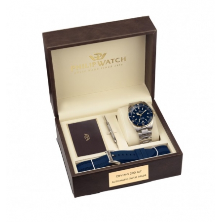 Orologio Philip Watch automatico in acciaio quadrante blu ghiera dorata con inserto blu