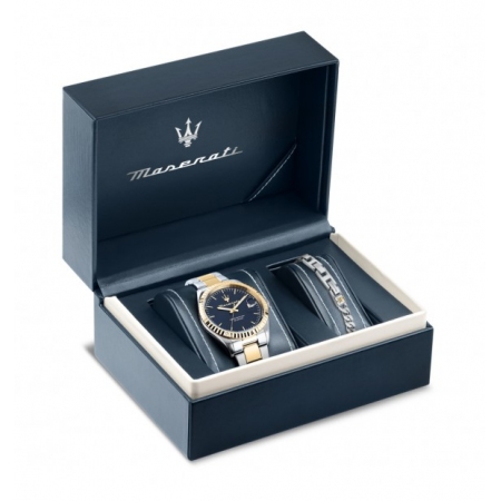 Set Orologio e bracciale Maserati orologio cinturino bicolore quadrante blu con indici a bastone color oro