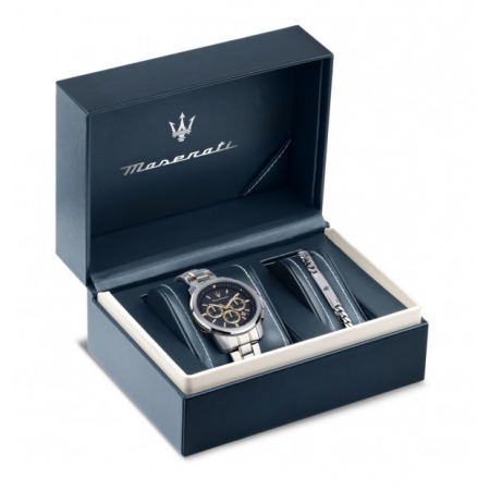 Set orologio e bracciale Maserati cronografo quadrante blu con indici a bastone color oro