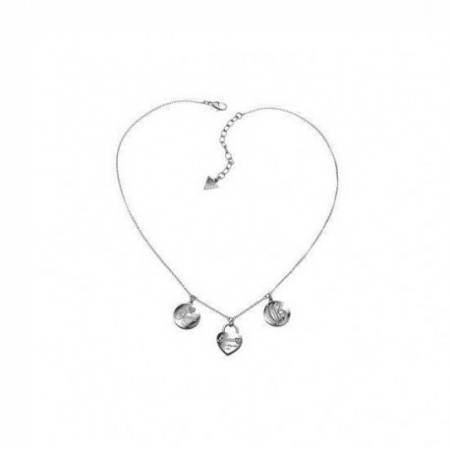 Steel Guess necklace with round pendants and heart padlock