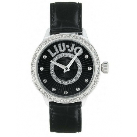 Liu Jo watch with black hammered leather strap and zircons on bezel