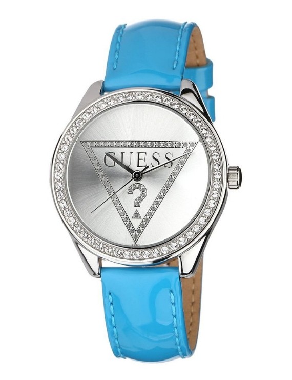 Orologio Guess con cinturino di pelle lucida azzurro e zirconi sulla cassa