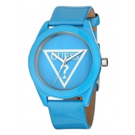 guess watch with blue shiny leather strap and steel case