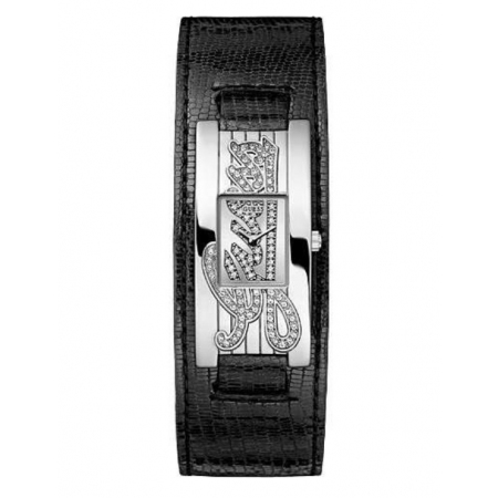 Guess watch with polished leather strap and steel case with zircons