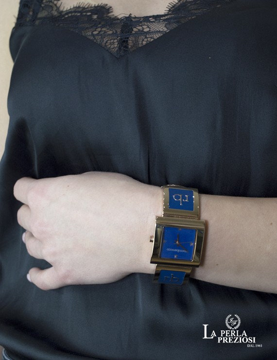 Orologio Roccobarocco cassa quadrata e cinturino in pelle con dettagli blu